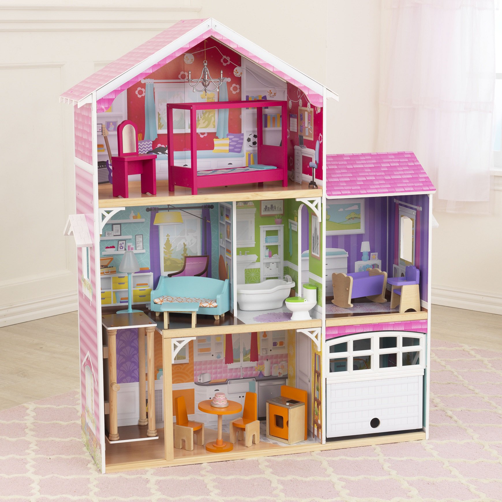 Imagen donde se aprecian con detalle todas las habitaciones de kidkraft casa de muñecas avery 65943