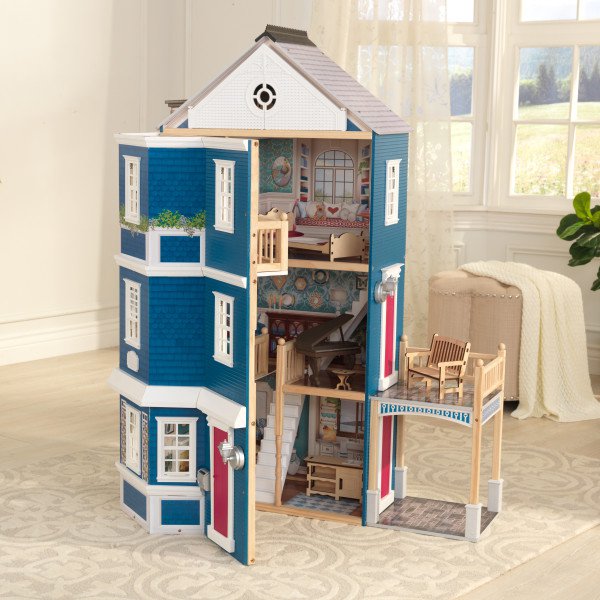 kidkraft casa gran aniversario 65947 a medio abrir la fachada