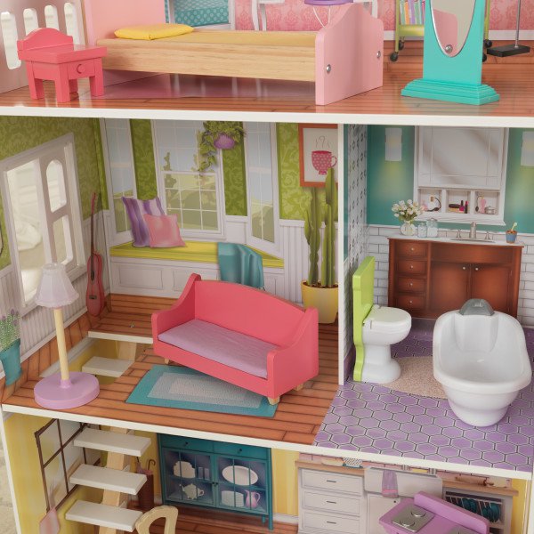 Detalle del baño y del salón de la casa kidkraft de muñecas poppy 65959