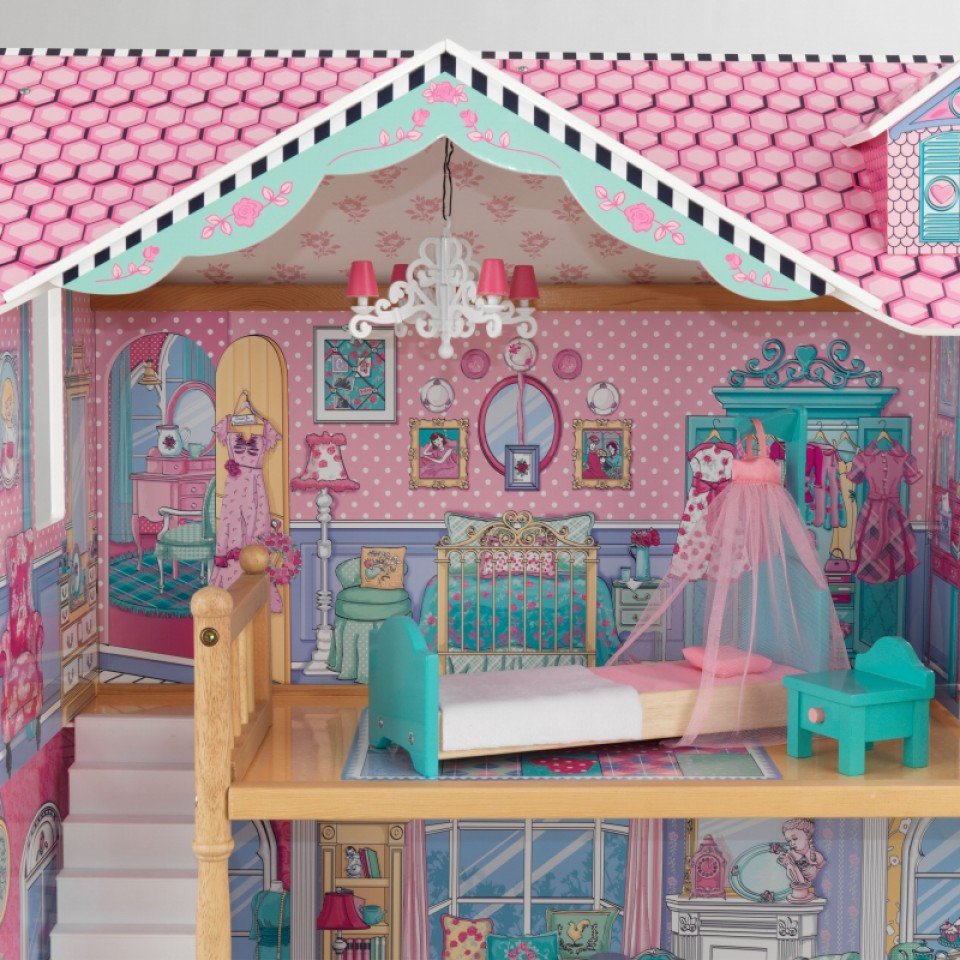 Detalle del dormitorio de kidkraft casa de muñecas annabelle 65934