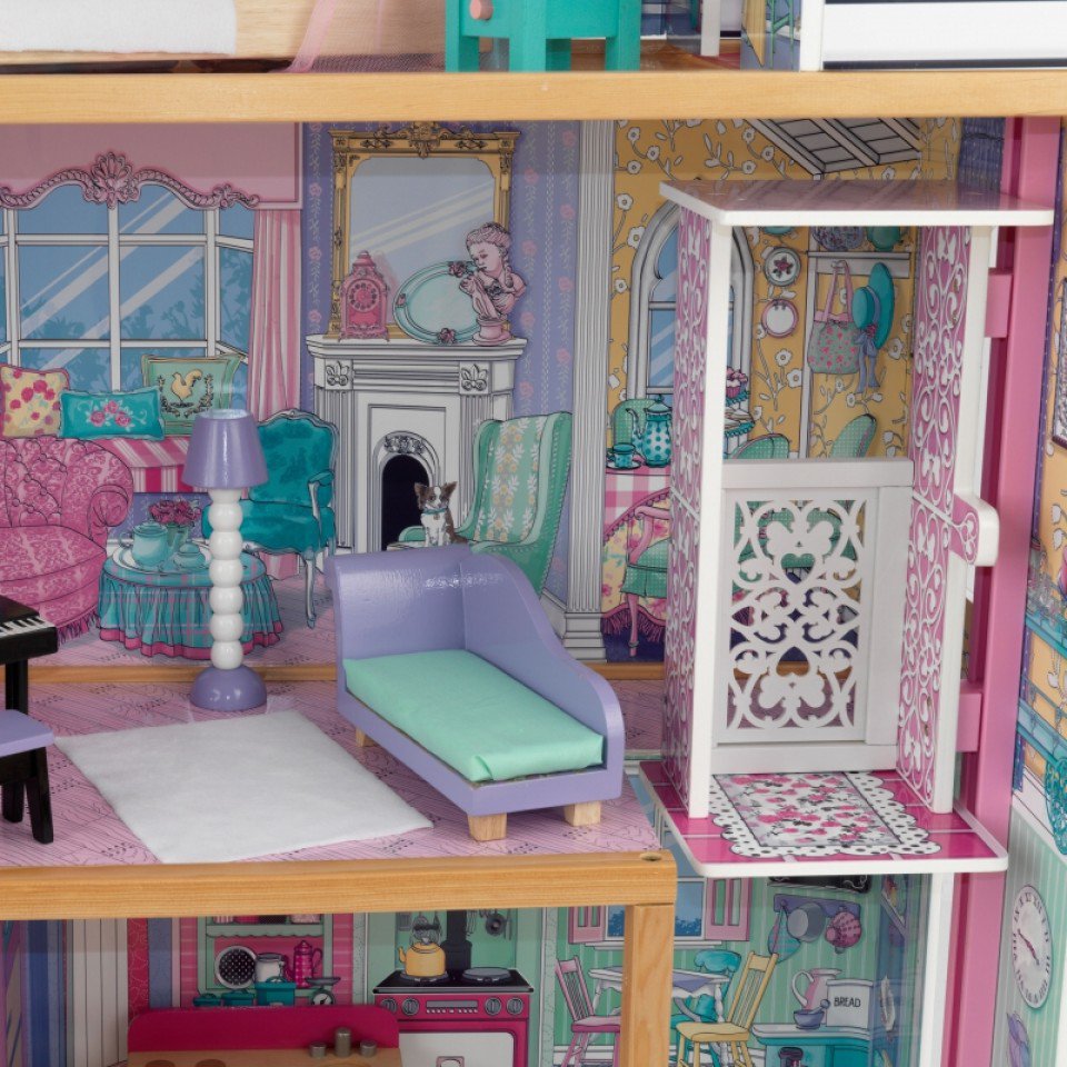 Detalle del salón y ascensor de kidkraft casa de muñecas annabelle 65934