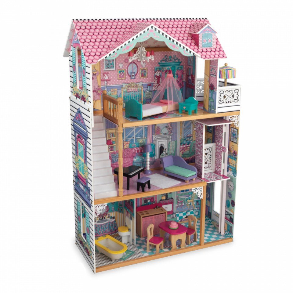 Vista ladeada con todos sus accesorios de kidkraft casa de muñecas annabelle 65934