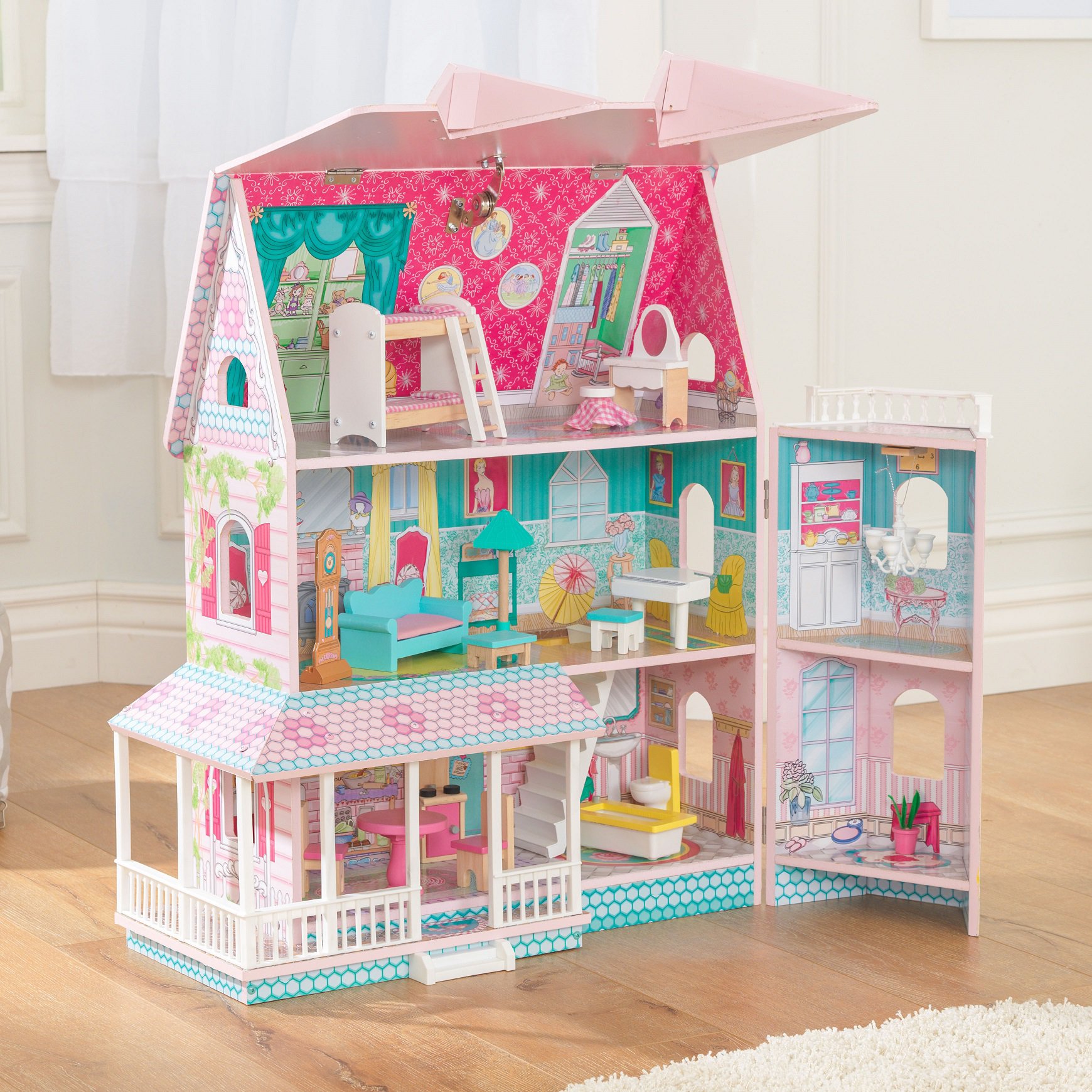 Casa de muñecas kidkraft abbey manor 65941 con el ala y el techo abiertos