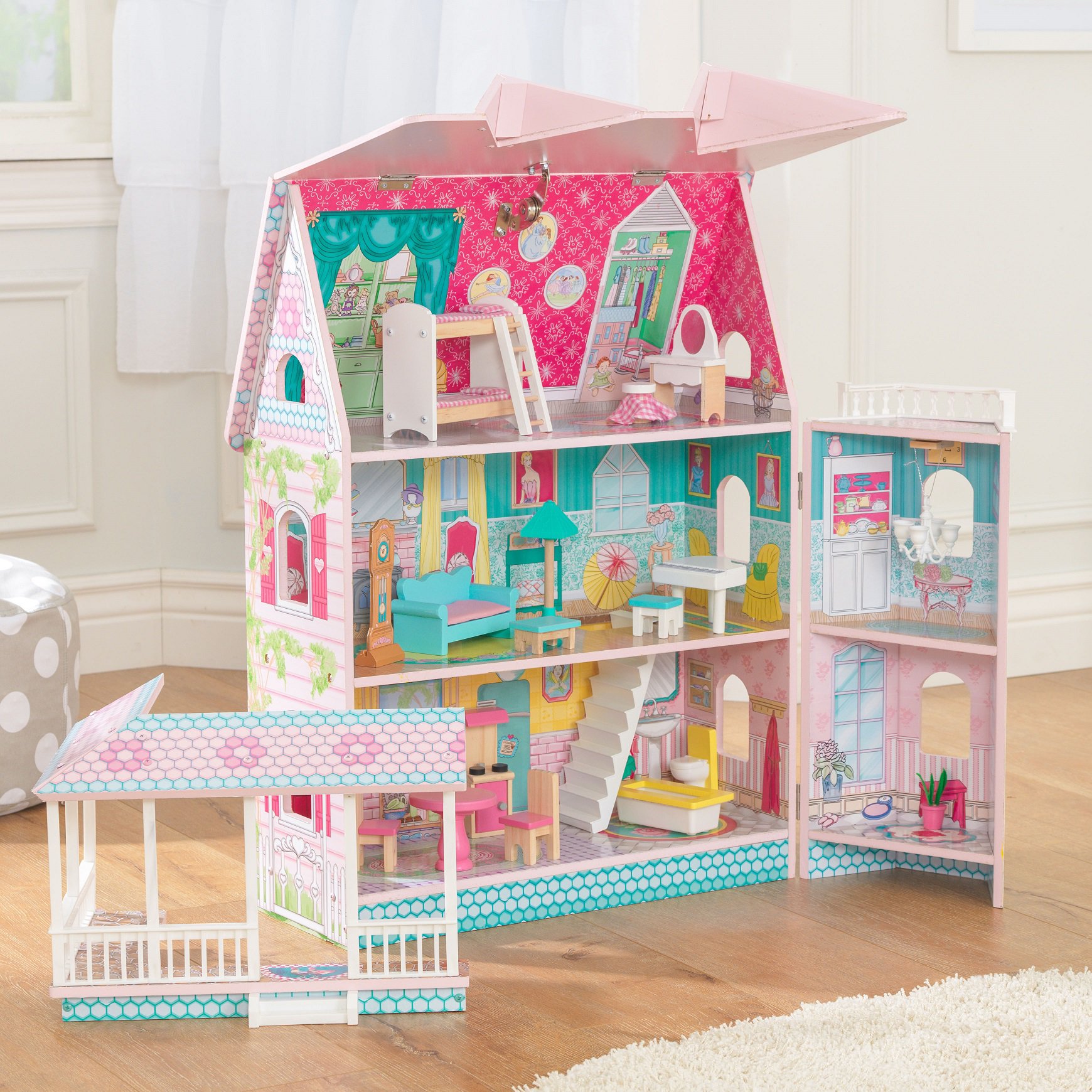 Imagen donde de pueden apreciar todas las estancias de la casa de muñecas kidkraft abbey manor 65941