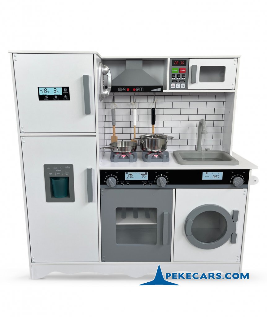 Cocina Infantil de Madera Blanca con Lavadora, Nevera y Campana Extractora