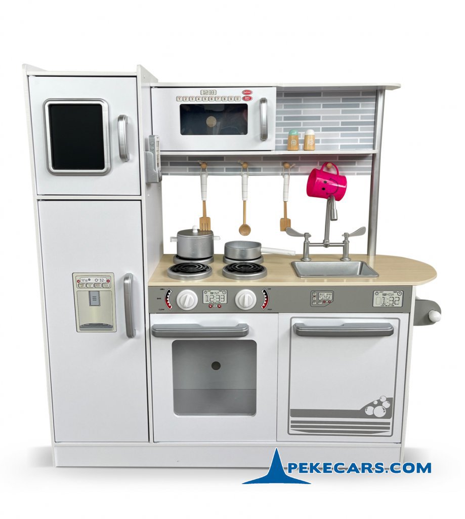 Cocina Infantil de Madera Blanca con Horno, Nevera con Pizarra y Microondas