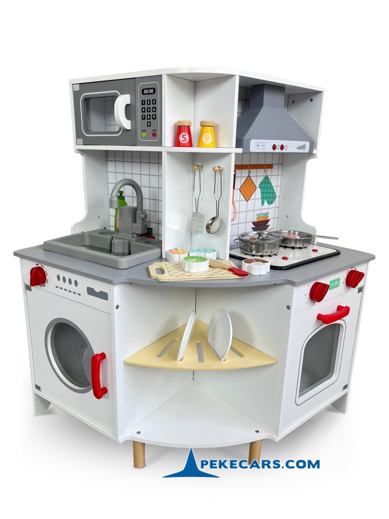 Cocina Infantil esquinera de Madera con Lavadora, microondas y Campana extractora