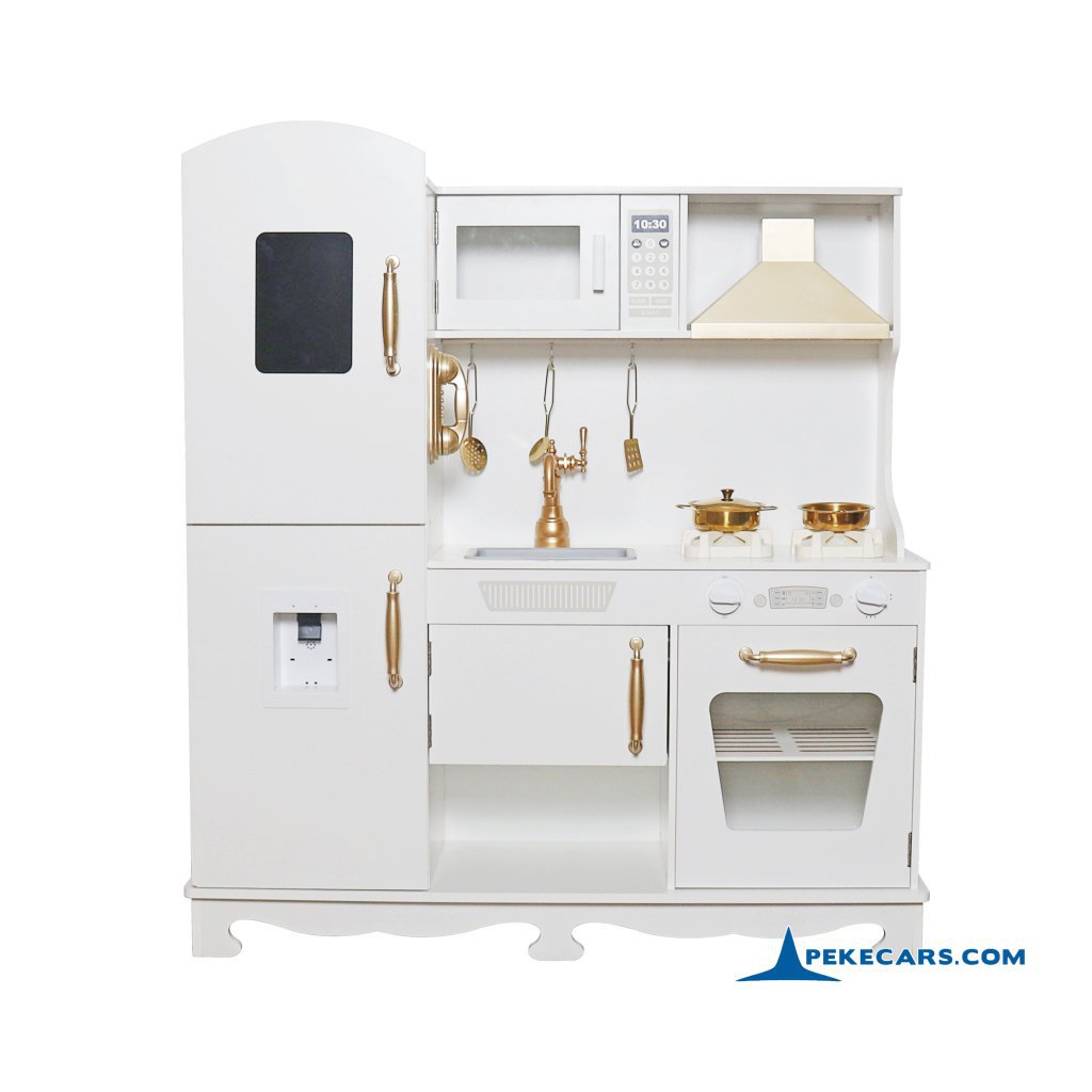 Cocina de Madera Infantil Blanca Retro con Pizarra, Dispensador de Hielos y Campana Extractora