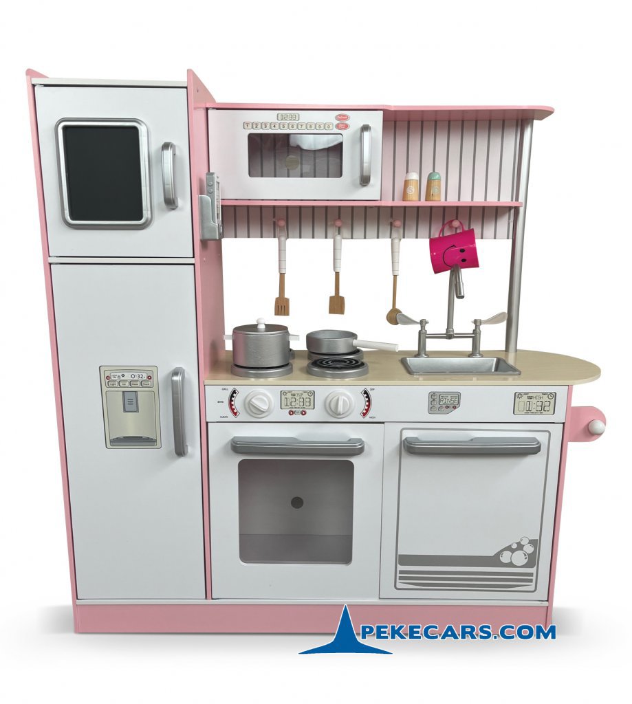 Cocina Infantil de Madera Rosa con Horno, Nevera con Pizarra y Microondas